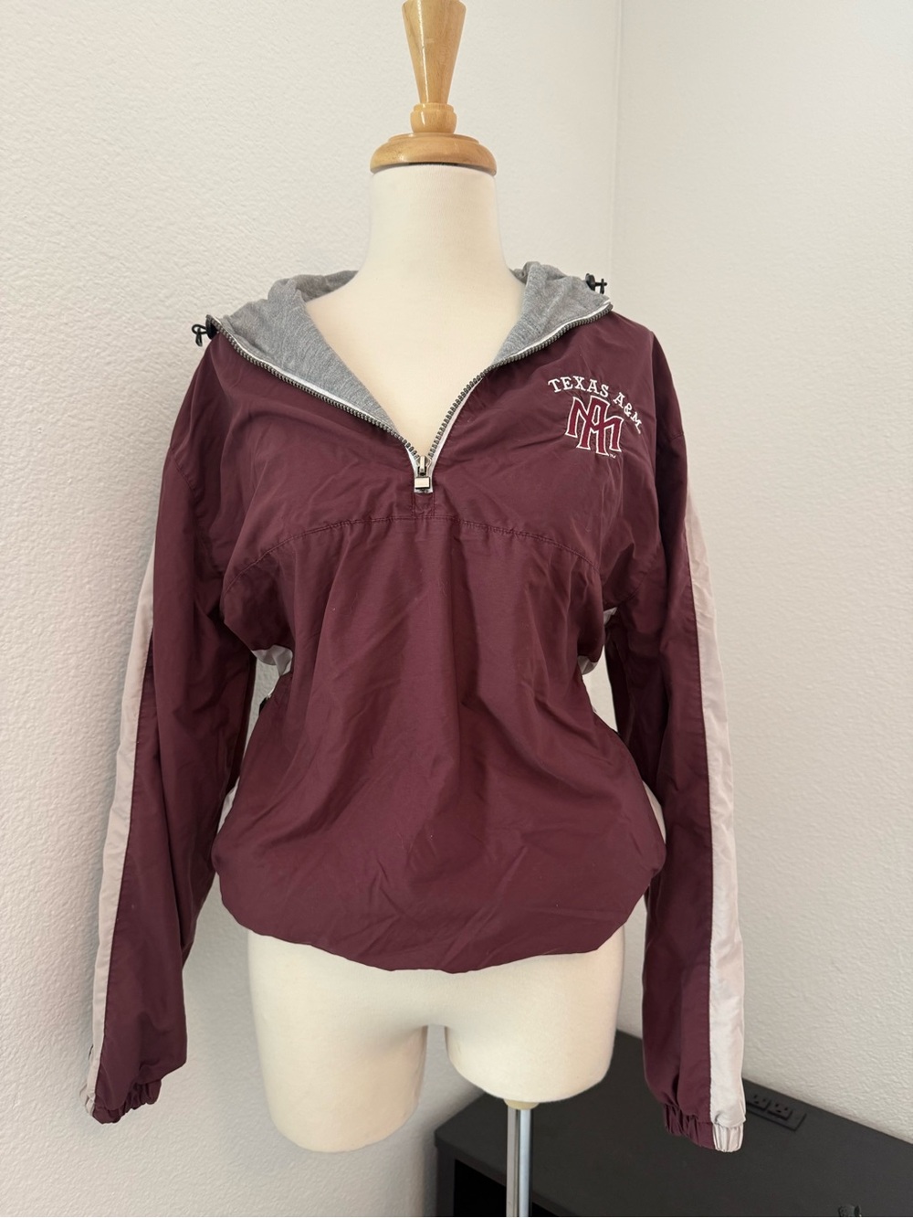 Holloway Maroon Pullover with Gray Hood and White Sleeve Stripes